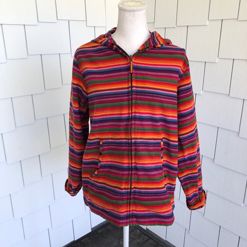 Chico's Women's Rainbow Stripe Full Zip Hooded Jacket with Pockets sz 1/US XS/S